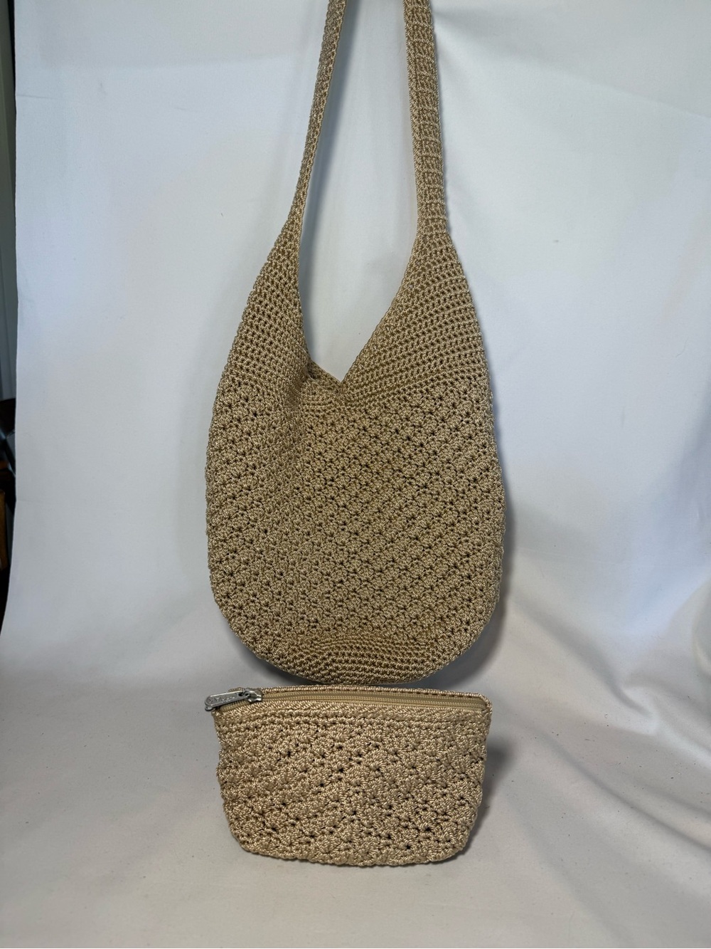 The Sak Beige Crochet Hobo Shoulder Bag with Matching Pouch